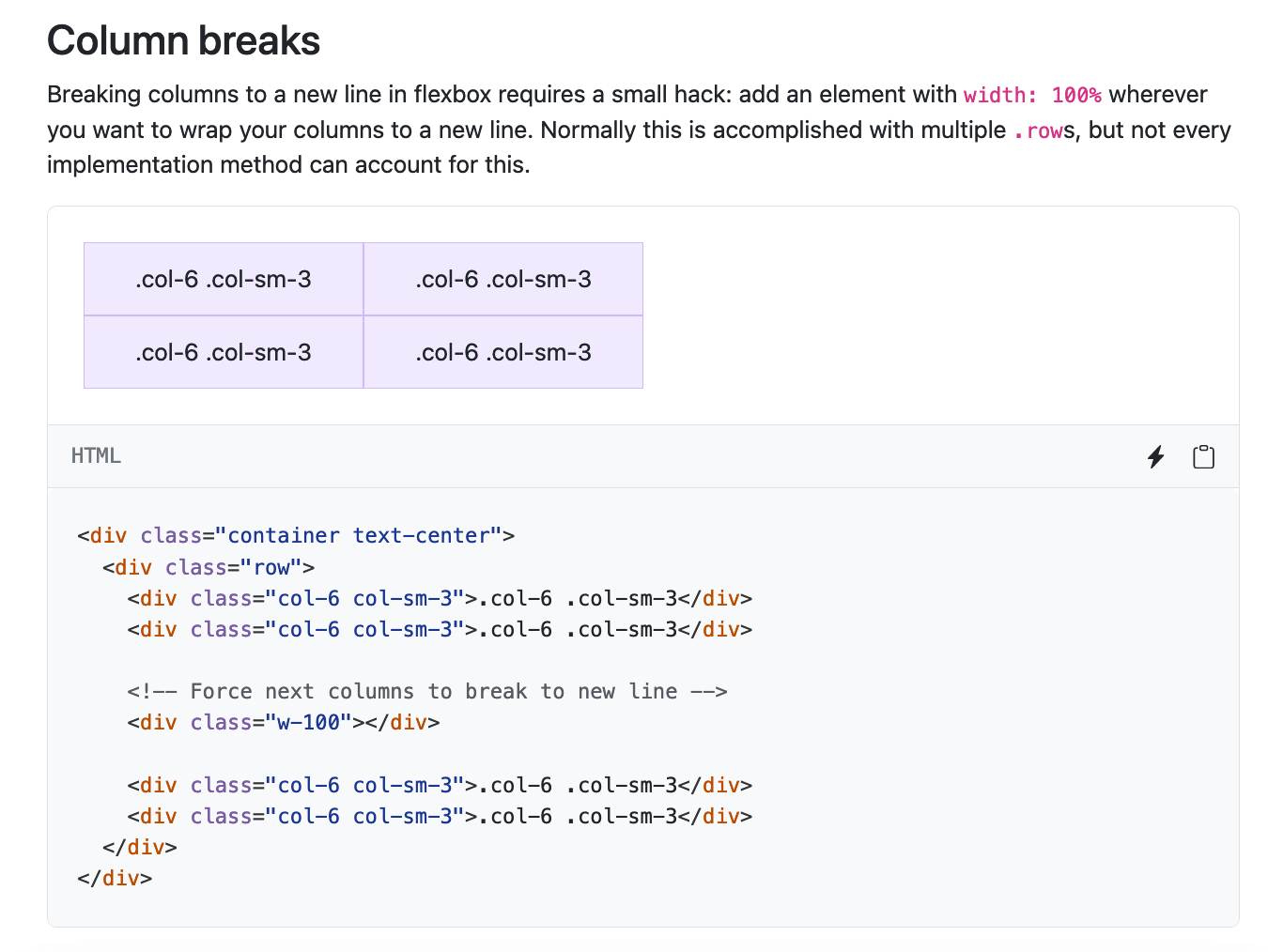Bootstrap documentation explaining their column break hack