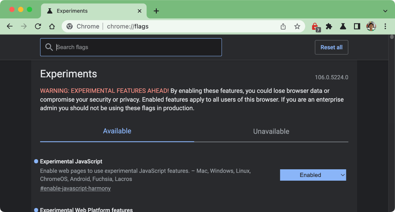 Experimental features configuration in Chrome