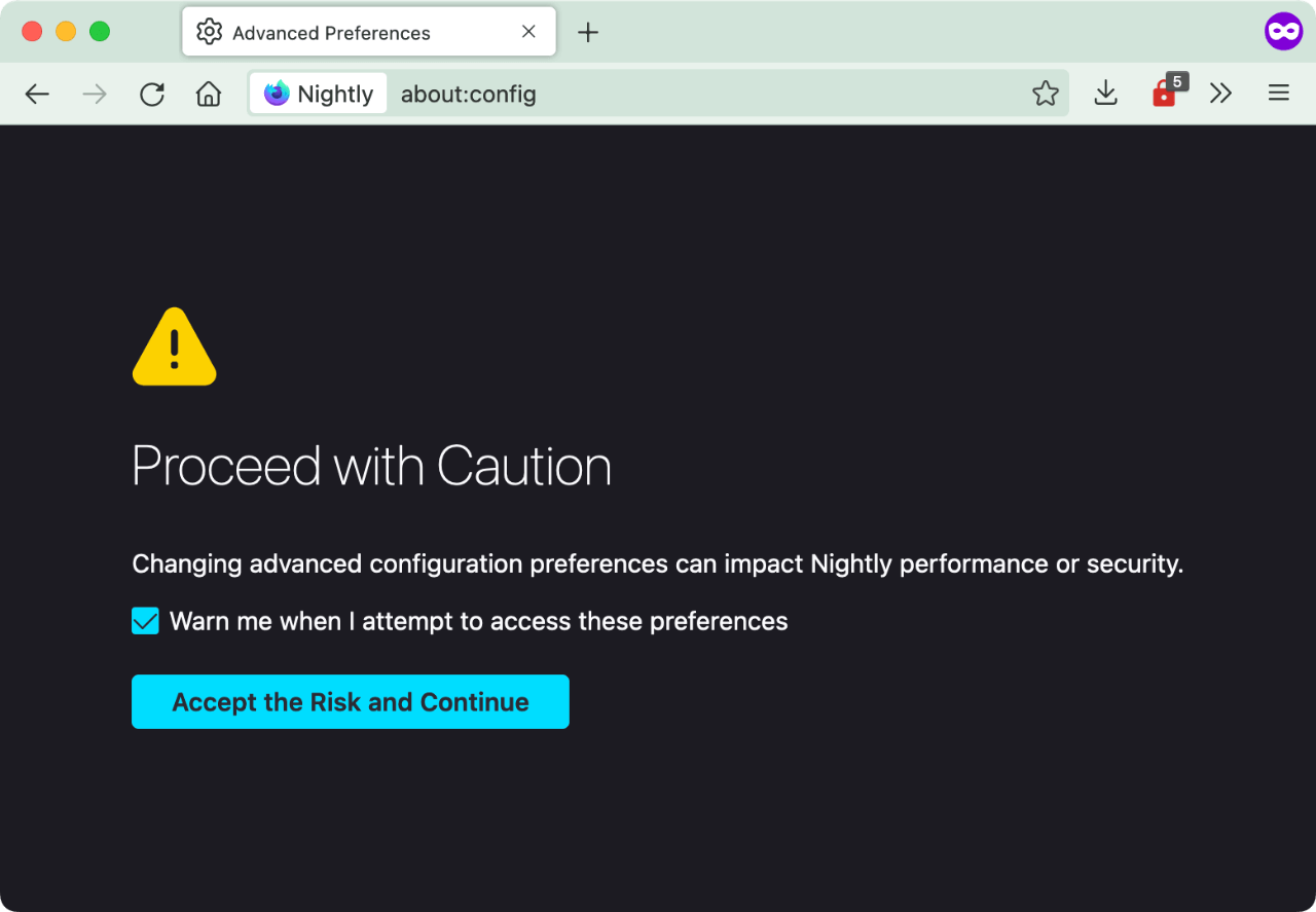 Browser configuration warning on Firefox