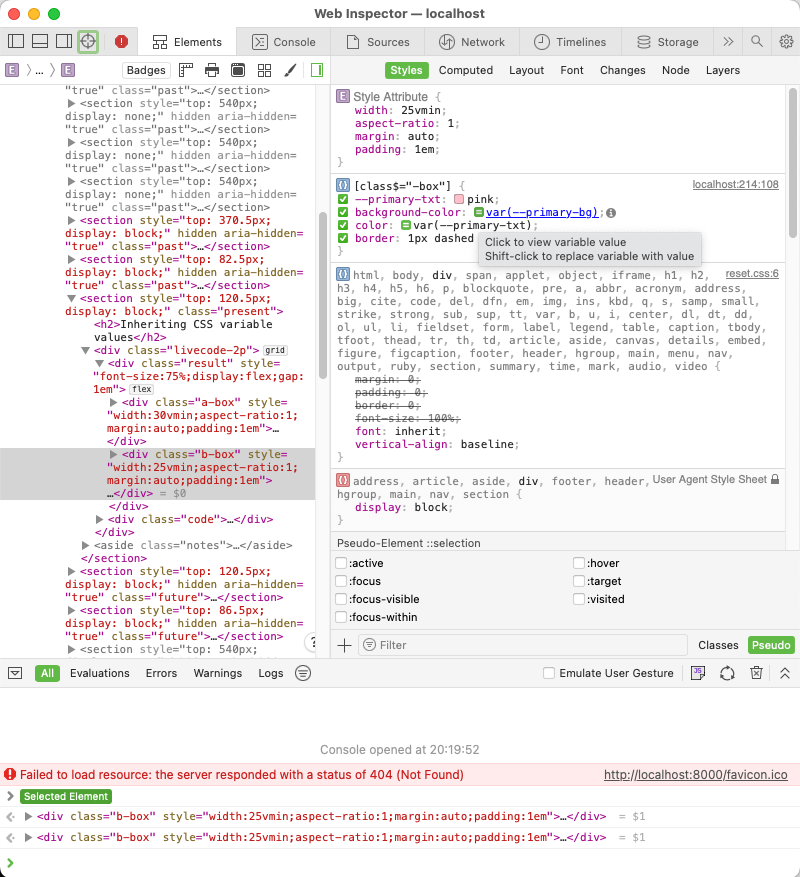 Safari Devtools for CSS custom properties