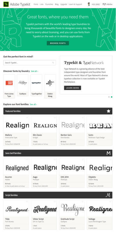 Screenshot of Adobe Typekit website