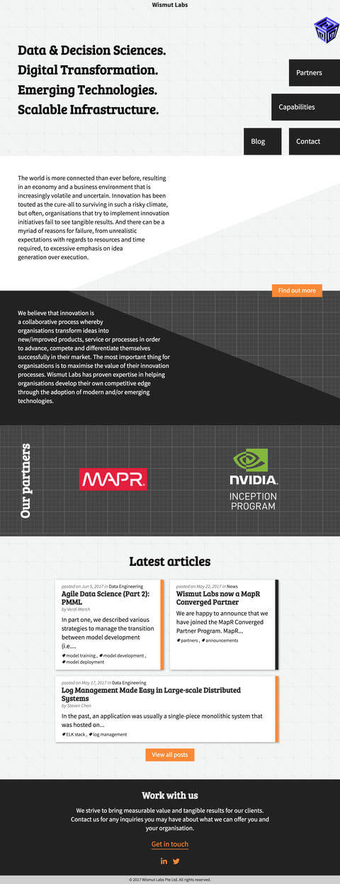Wismut Labs site layout on browsers with Grid and Shapes support