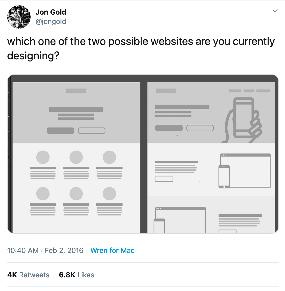 Tweet by Jon Gold on how all websites these days use 1 of 2 layouts