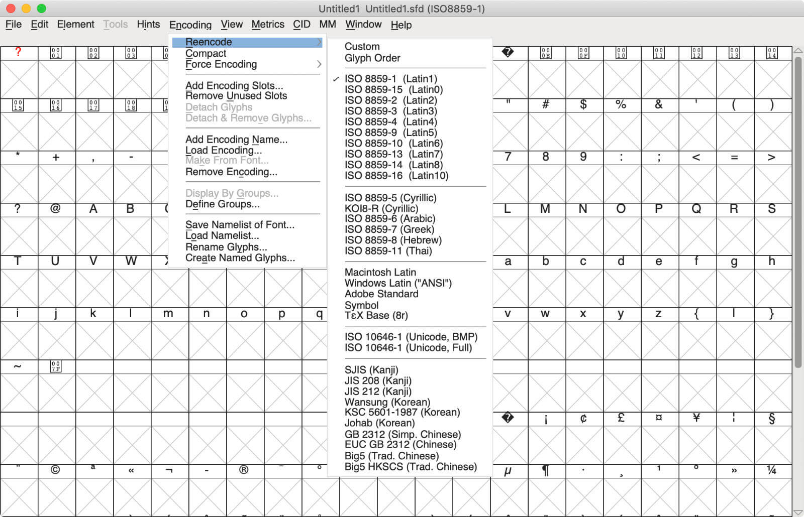 Screenshot of FontForge