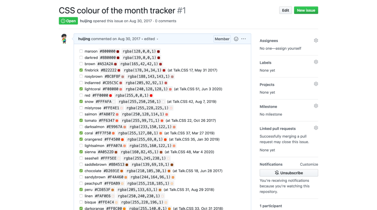 GitHub issue tracking CSS colour of the month