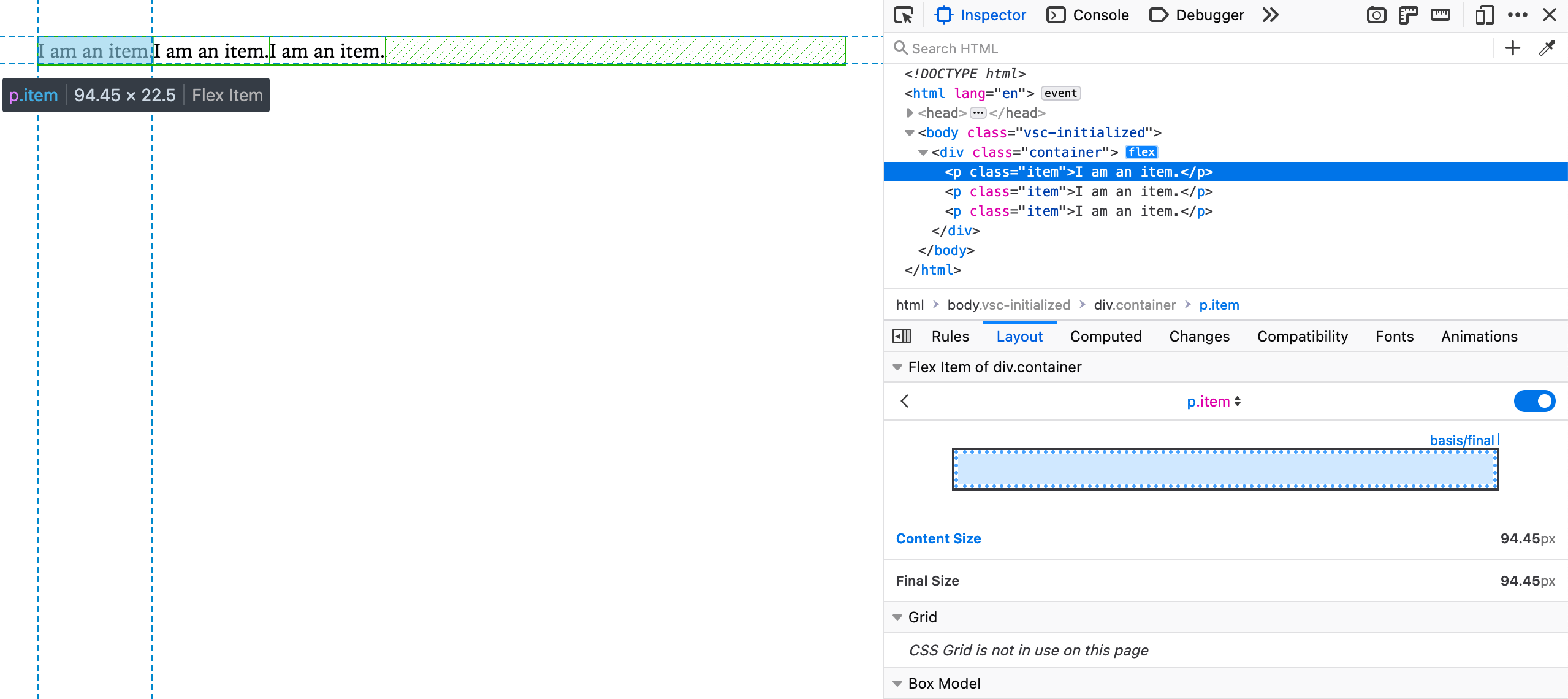 Screenshot of flexbox overlay in Firefox