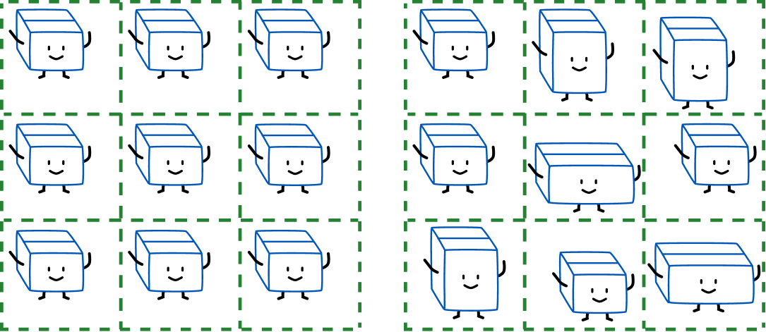 Boxies aligned with grid showing how there is an actual 2-dimensional grid